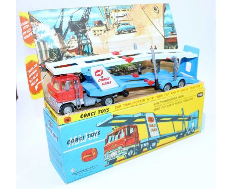 A Corgi Toys 1138 Car Transporter with Ford Tilt Cab H series tractor unit and trailer, comprising of red and blue body with 