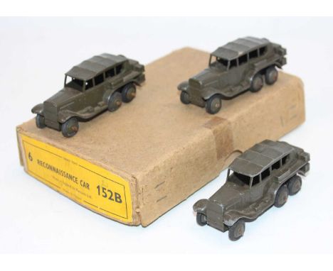 Dinky Toys No. 152B Reconnaissance Car original trade box containing 3 examples finished in olive drab with ridged hubs, all 