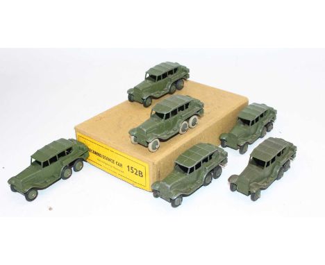 Dinky Toys No. 152B Reconnaissance Car original trade box containing 6 examples in military green, mixture of ridged and smoo