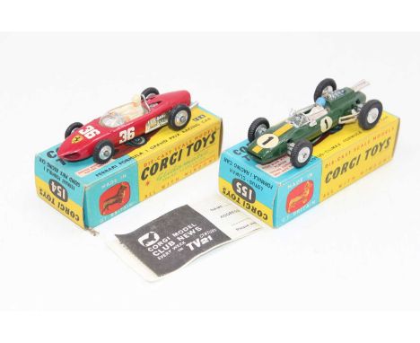 A Corgi Toys boxed racing car diecast group, two examples to include No. 154 Ferrari F1 Grand Prix race car, together with a 