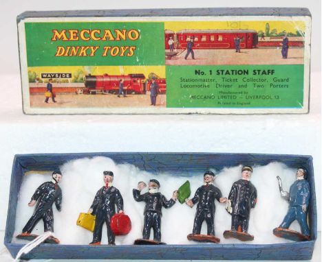 Dinky Toys pre-war No. 1 Station Staff figure set containing, Station Master, Ticket Collector, Guard, Locomotive Driver and 