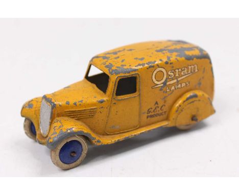 Dinky Toys No. 28w Delivery Van, (type 2), "Osram Lamps", yellow body, silver grille, smooth blue hubs with white tyres, some