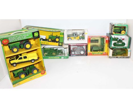 10 various boxed mixed scale John Deere and Fiat boxed tractor and farm implement group, mixed manufacturers to include ERTL 