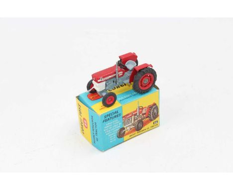 A Corgi Toys No. 66 Massey Ferguson 165 tractor comprising of red and grey body with red hubs, housed in the original blue &a