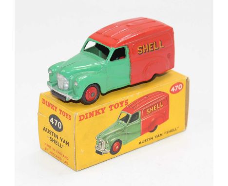 Dinky Toys No. 470 Austin Shell BP delivery van comprising red and green body with red hubs and Shell BP livery, housed in th