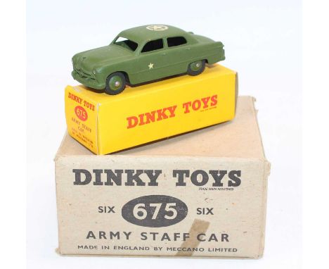 Dinky Toys No. 675 Ford Army Staff Car original trade box containing 1 boxed example in military green with green hubs, star 