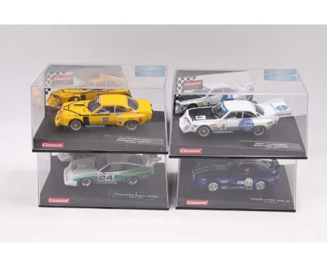 4 boxed Carrera Evolution 1/32 scale slot cars including, 2x Opel Commodore Steinmetz 'Jumbo', Chevrolet Dekon Monza IMSA 197