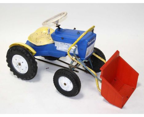 Triang Toys Ride On Tractor with front shovel, blue and white example with red bucket, working order