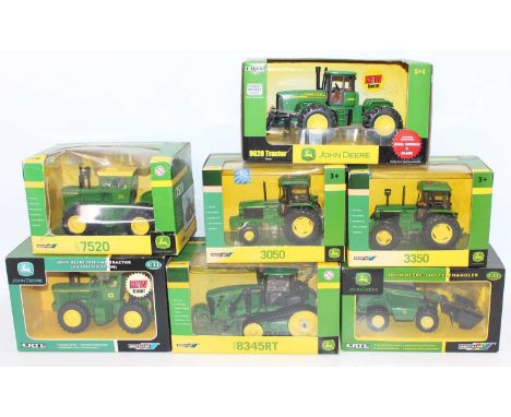 Britains/ERTL 1/32nd scale John Deere tractor and implement group, 7 examples all in original boxes, models would benefit fro