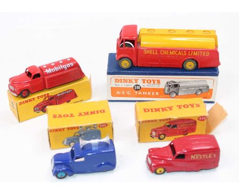 Dinky Toys group of four boxed models to include: No. 471 Austin 'Nestles' van in red with yellow hubs, box has replacement e