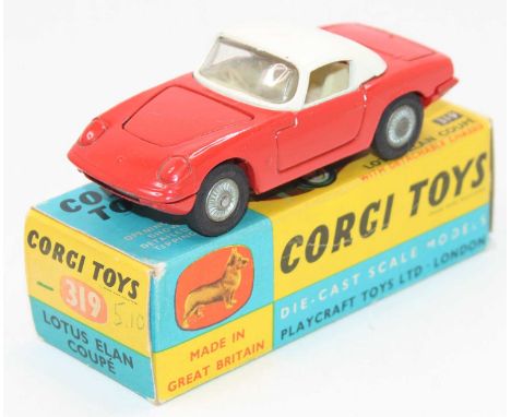 A Corgi Toys No. 319 Lotus Elan Coupe comprising of red and white body with cream interior, fitted with cast hubs and housed 