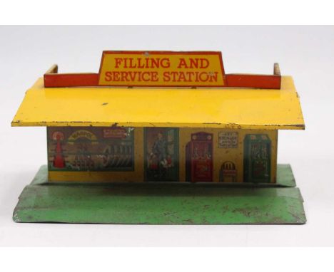 Dinky Toys pre-war No. 48 Petrol Station "Filling and Service Station" - tinplate green, yellow, orange - with detailed print