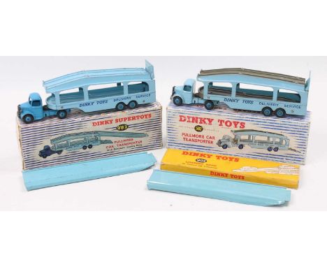 2 Dinky Toys Pullmore car transporters as follows: No.982 with dark blue cab and an all light blue trailer, with a 794 ramp i
