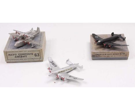 3 Dinky Toys aeroplanes to include, No. 62N Junkers JU90 Airliner, (unboxed), No. 63 Mayo Composite Aircraft housed in a fair