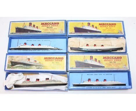 Dinky Toys pre-war No. 52 boxed ocean liner group of 4 to include, 3x No. 52 Cunard White Star Liner "Queen Mary" - one in ve