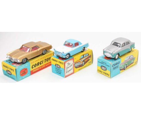 A Corgi Toys boxed saloon diecast group, three examples to include a No. 201 Austin Cambridge saloon finished in silver and m