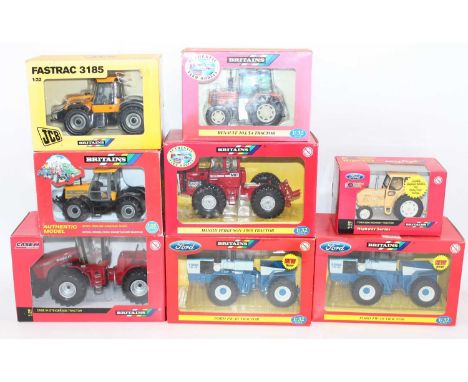 8 various boxed Britains Tractors and Farm Implement Diecasts, all 1/32nd scale to include No.42105 Massey Ferguson 1505 Trac