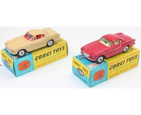 A Corgi Toys Volvo P1800 boxed diecast group, two examples, one finished in red with lemon interior, the other finished in ta