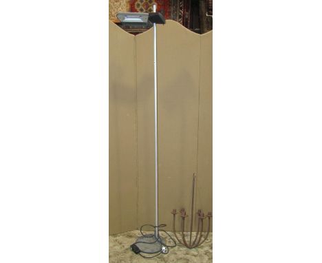A collection of lighting including two vintage style anglepoise lamps, further ironwork six branch candelabra and an uplighte