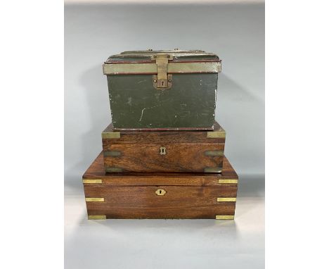 Two 19th century brass bound writing slopes together with a further Japanned tinned trunk, twin handled tray and on other (5)