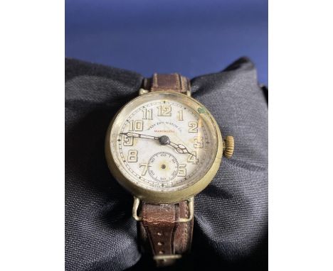 Vintage swiss-made unisex pilots watch by the West End Watch Co upon leather strap, large Arabic numerals, 34 mm case to incl