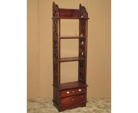 Victorian style hardwood compact watnot, pierced sides, two drawers, 102cm high 