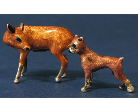 Two similar silver and enamel applied figures of standing animals to include a deer and a boxer dog, the deer 4cm long 92) 