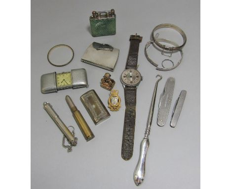 A Douglass lighter c.1930 with shagreen finish, and a Movado travel watch, 19th century fob, etc 