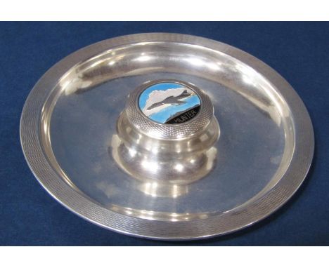 Unusual vintage silver circular pen dish centrally fitted with an enamel plaque of a fighter jet inscribed Hunter, maker Turn