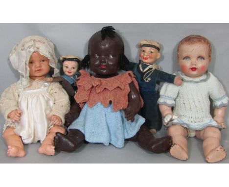 5 small vintage dolls including an unusual rubber headed baby doll by Kammer &amp; Rheinhardt with composition body, height 3