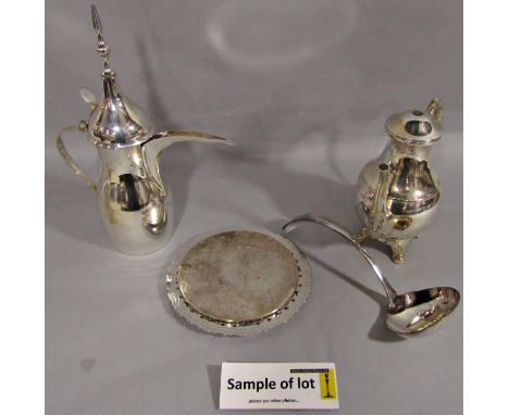 A mixed collection of silver plated items comprising a four piece tea service, twin branch candelabra, various salvers, tea w