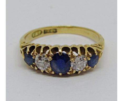 18ct sapphire and diamond ring, centre stone 0.25cts approx, maker 'J.W.B', size N, 4.2g 