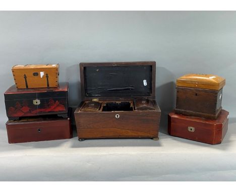 A collection of antique and later boxes to include Regency rosewood sarcophagus caddy with fitted interior 32cm long (af) thr