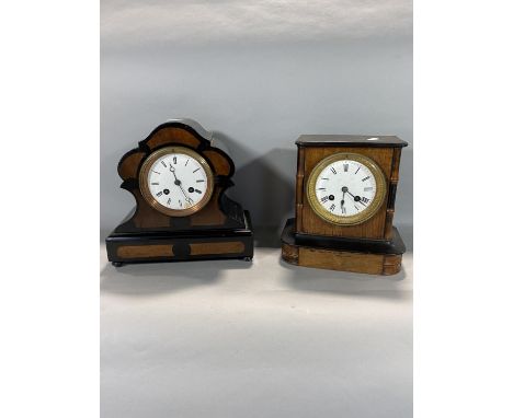 Two mantel clocks, Roman numerals, twin train movements, enamelled dials, largest dimensions: 23cm width x 23cm height x 12cm