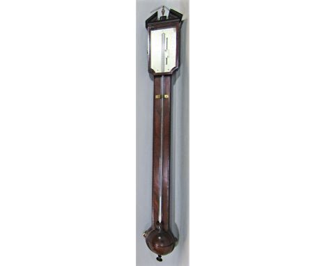 Good quality antique mahogany and king wood stick barometer, the silvered black back plate inscribed J.Poncione of London, 10