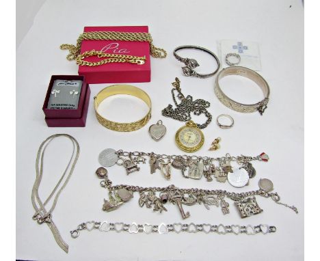 Collection of mainly silver jewellery to include two charm bracelets, hinged bangle, etc 