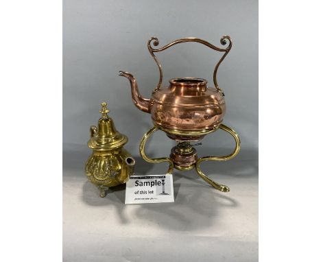 Mixed collection of metal ware comprising a copper and brass spirit kettle, trivet, toasting fork etc, with a vintage painted