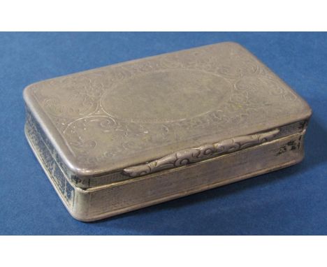 Good Victorian engine turned silver large snuff box, the lid with blank cartouche and scrolled acanthus, maker CC, Birmingham