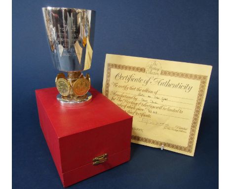 Cased 'The Bristol 600' sterling silver goblet, with gilt interior and fitted with five gilt Bristol tokens upon a textured s