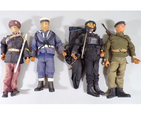 4 vintage Action Man figures in military uniforms including SAS soldier with Parachute, Royal Hussar (no spurs), Palitoy sold