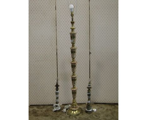 A trio of lamps comprising marble and brass lamp standard, together with a pair of matching side lamps, in marble and brass (