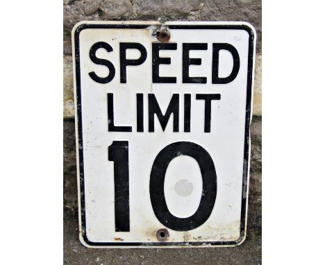 A reclaimed enamel sign with raised black lettering on a white background speed limit ten, 46 cm wide x 61 cm high 