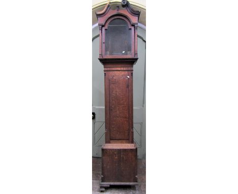 Georgian oak longcase clock, the arched hood with swan neck pediment enclosing a broken arch brass dial with engraved detail 