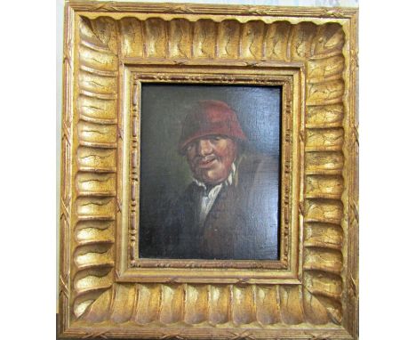 19th century school - Bust length portrait of a man in a red cap, oil on board, no visible signature, 13 x 10.5cm approx, in 