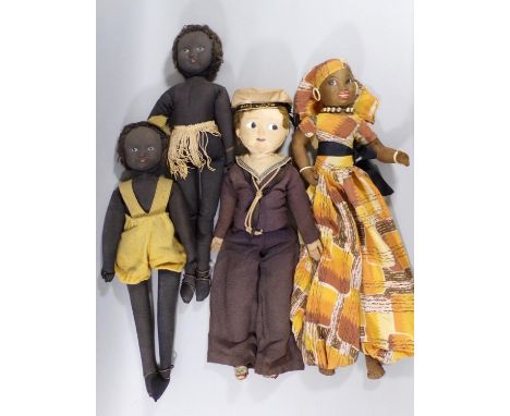 4 unusual vintage cloth dolls all with moulded cloth face and painted features, including 2 unmarked black dolls with earring