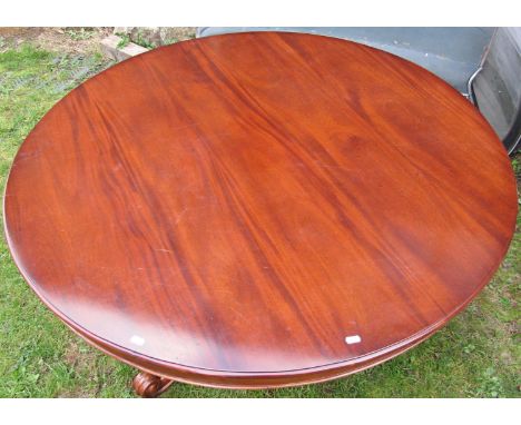 Victorian style mahogany tea table, the circular top raised on a carved pillar and tripod, 130cm diameter 