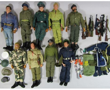 7 vintage Action Man dolls and 2 other doll figures, all in military uniform, 6 have gripping hands (of which 2 have damage t