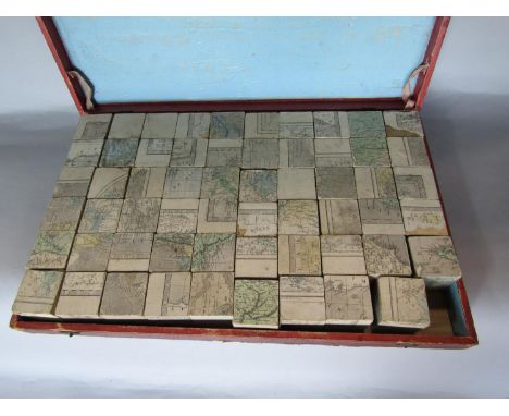 Vintage case square block map, the lid inscribed Etudes Geographiques, the box 47cm long (af) 