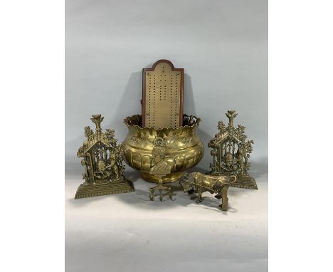 Mixed brass lot, comprising two door porters, a cribbage board, candlesticks etc 