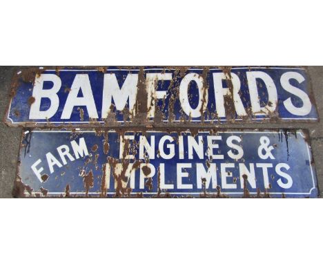 A vintage two sectional enamel sign, with white lettering on a navy blue ground advertising Bamfords Farm Engines and Impleme